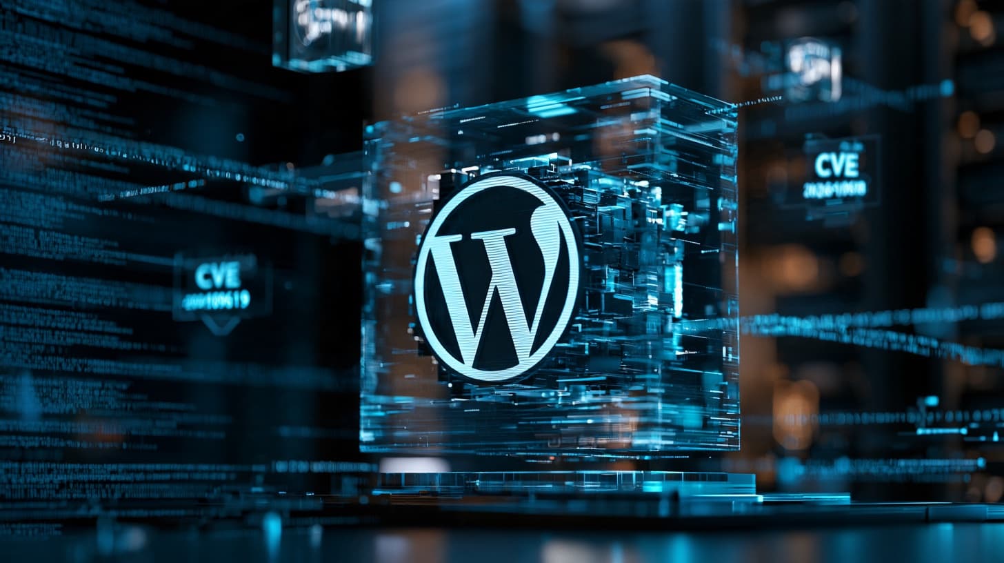 A glowing WordPress logo inside a glass cube of circuitry, with CVE labels floating in the dark around it